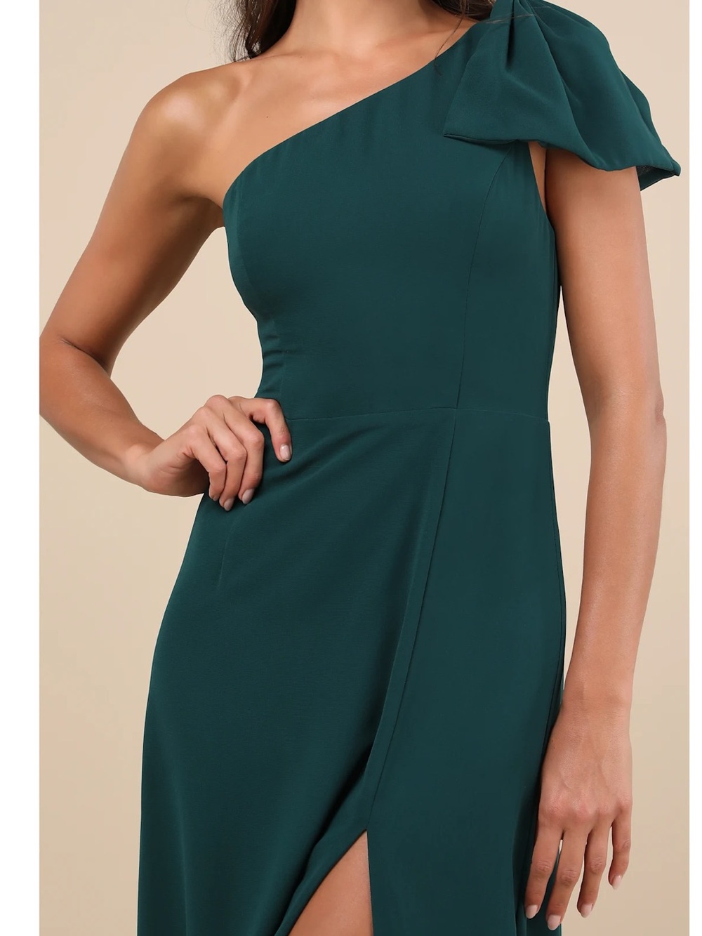 Lulus Simply Brilliant Green One-Shoulder Bow Side Slit Maxi Dress Event - Picture 3 of 14